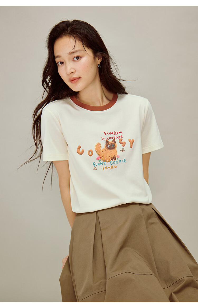 INMAN INMAN [Runway Style] Floral Contrast Color Round Neck T-Shirt, Summer Women's Regular Shoulder Short Sleeve Top, Dark Floral Gray, Size S 17