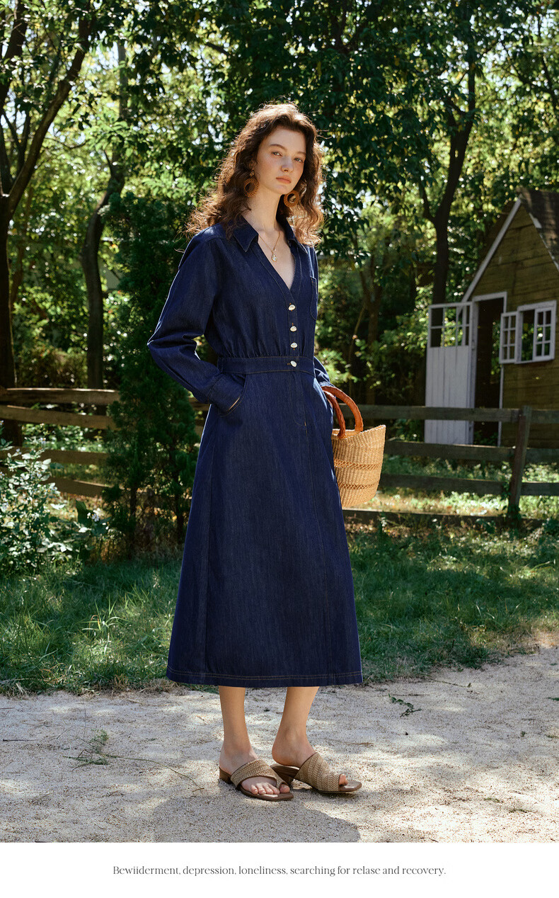 Olrain Vintage V-Neck Waist-Cinched Denim Long Sleeve Dress for Women Spring Shirt-Style Long Dress Denim Blue M 14