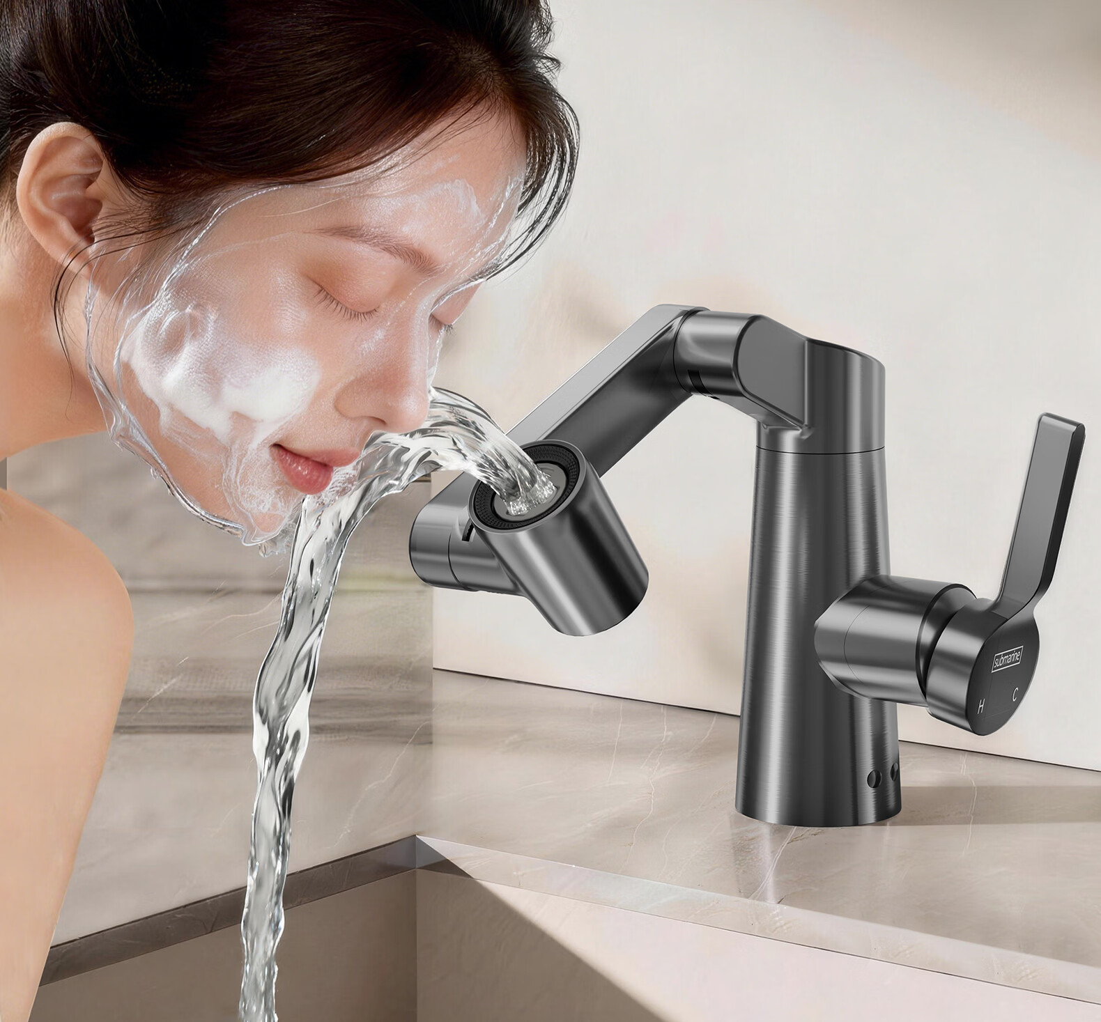 Submarine Mechanical Arm Faucet for Sink Bathroom Basin Under-counter Hot and Cold Water Mixer 2-in-1 Stainless Steel L7112H 18
