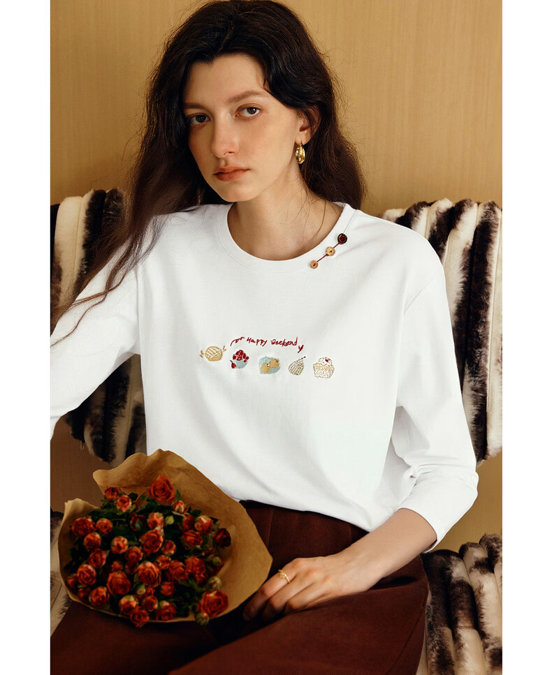 Olrain Eurier Tencel Cotton Simple Elegant Embroidered Loose Long Sleeve T-Shirt Spring Crew Neck Top for Women Beige XL 15