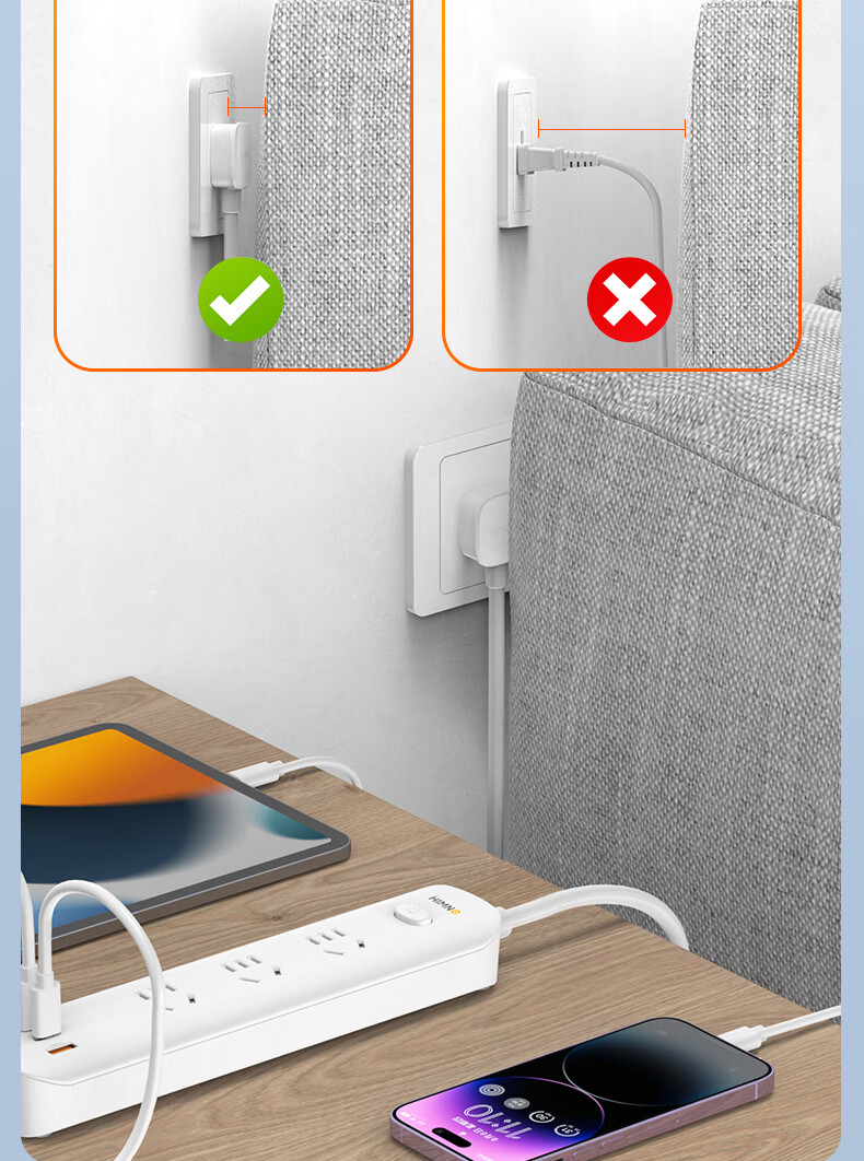 Ximino Digital Power Strip USB Multi-Port Extension Cord PD 20W/65W Socket Board Home Multifunctional Socket Master Control 3 Outlets 65W 1.5m 14