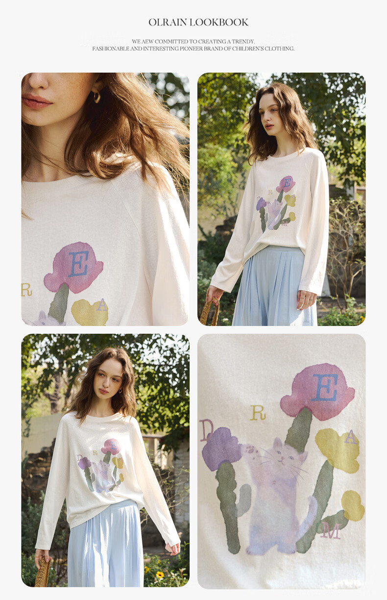 Olrain Casual Fun Cat Print Loose Long Sleeve T-Shirt Women Spring New Round Neck Top White S 10