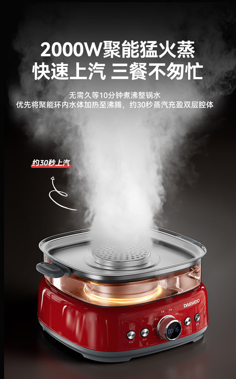 DAEWOO S38PRO 20L 3-Tier Multi-Functional Electric Steamer Hot Pot Stainless Steel 304 0-Coating Removable Household Steamer with Reservation Function 5