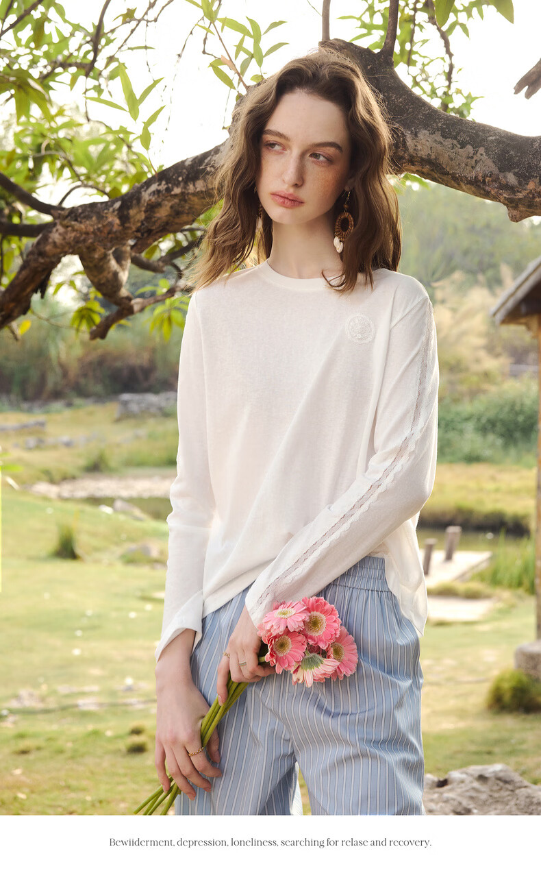 Olrain French Lace Splice Snowflake Cotton Long Sleeve T-Shirt Women Spring New Commuter Casual Top Off-White M 13