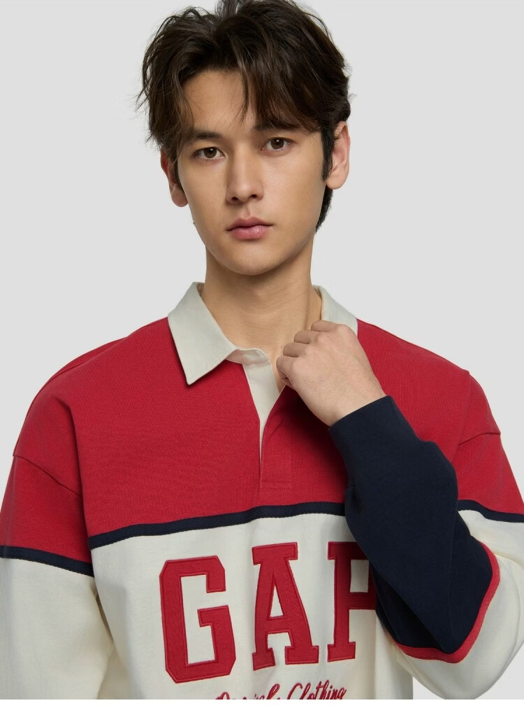GAP 2026 Spring New Cotton Vintage Washed Colorblock Loose Long Sleeve Polo Shirt 854273 for Men and Women 2