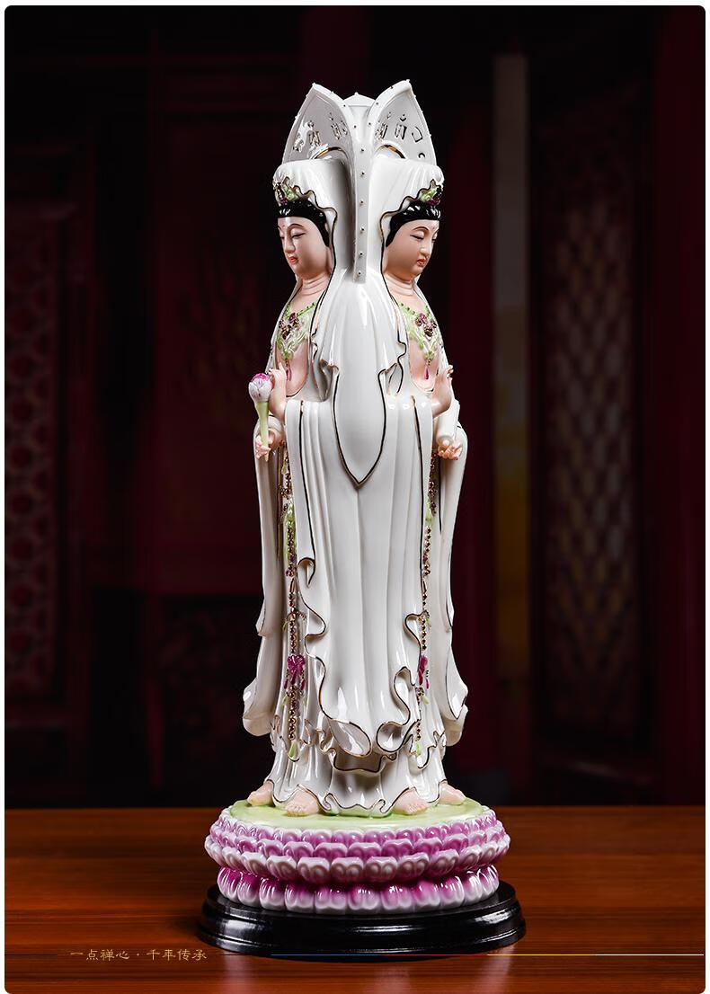 戴玉堂 三面南海观音佛堂摆件 德化陶瓷彩色观世音菩萨佛像摆件工艺