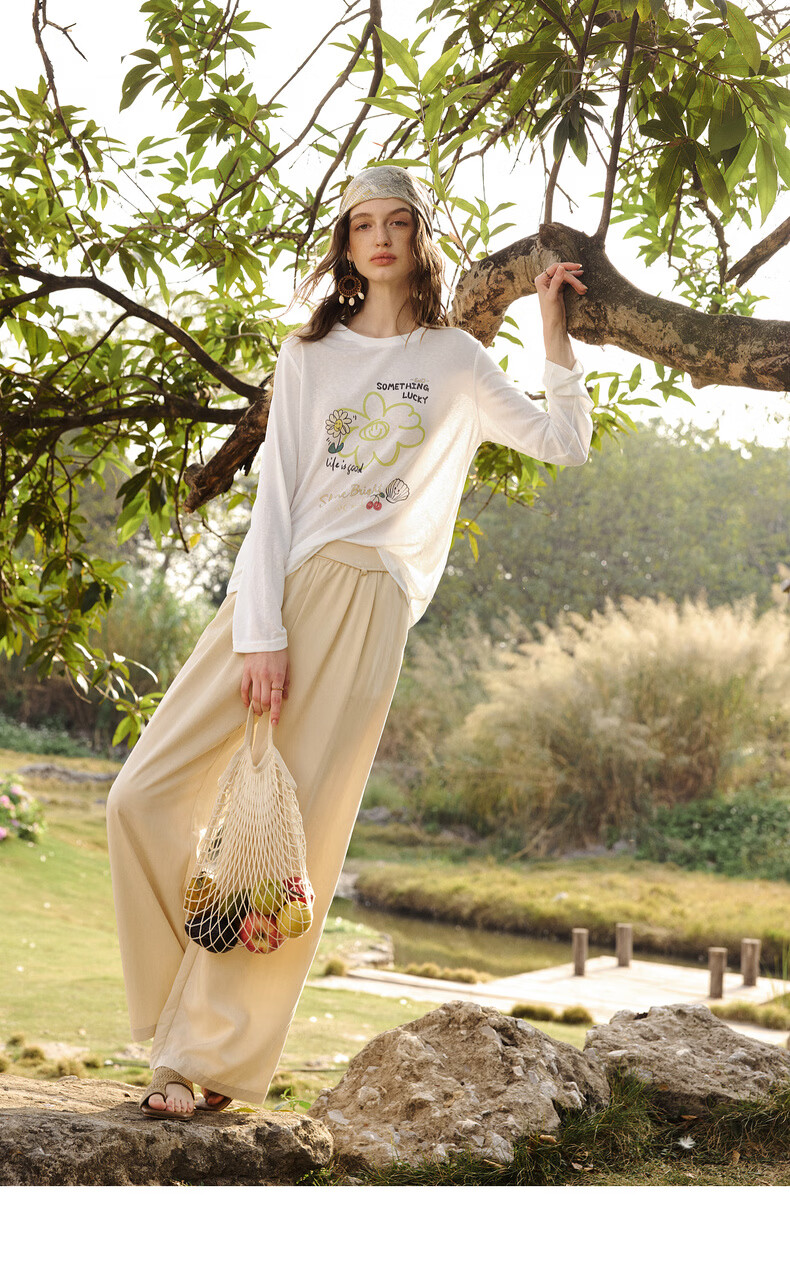 Olrain Eurielle Tencel Relaxed Fit Casual Printed Long Sleeve T-Shirt Sun Protection Top for Women White (Second Batch) M 12