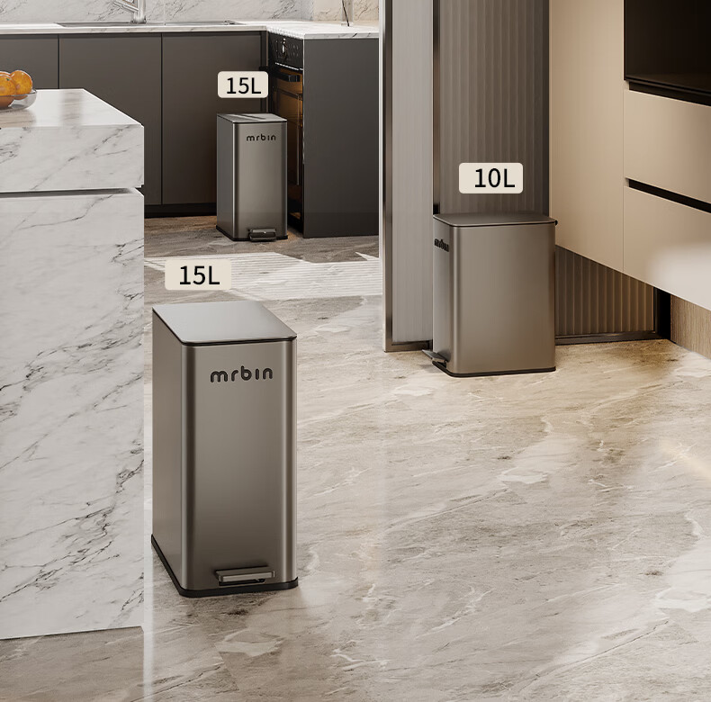 Mr.Bin Living Room Stylish Trash Can Kitchen Pedal Covered Large Household Stainless Steel Bathroom Luxury 15L Gray 11