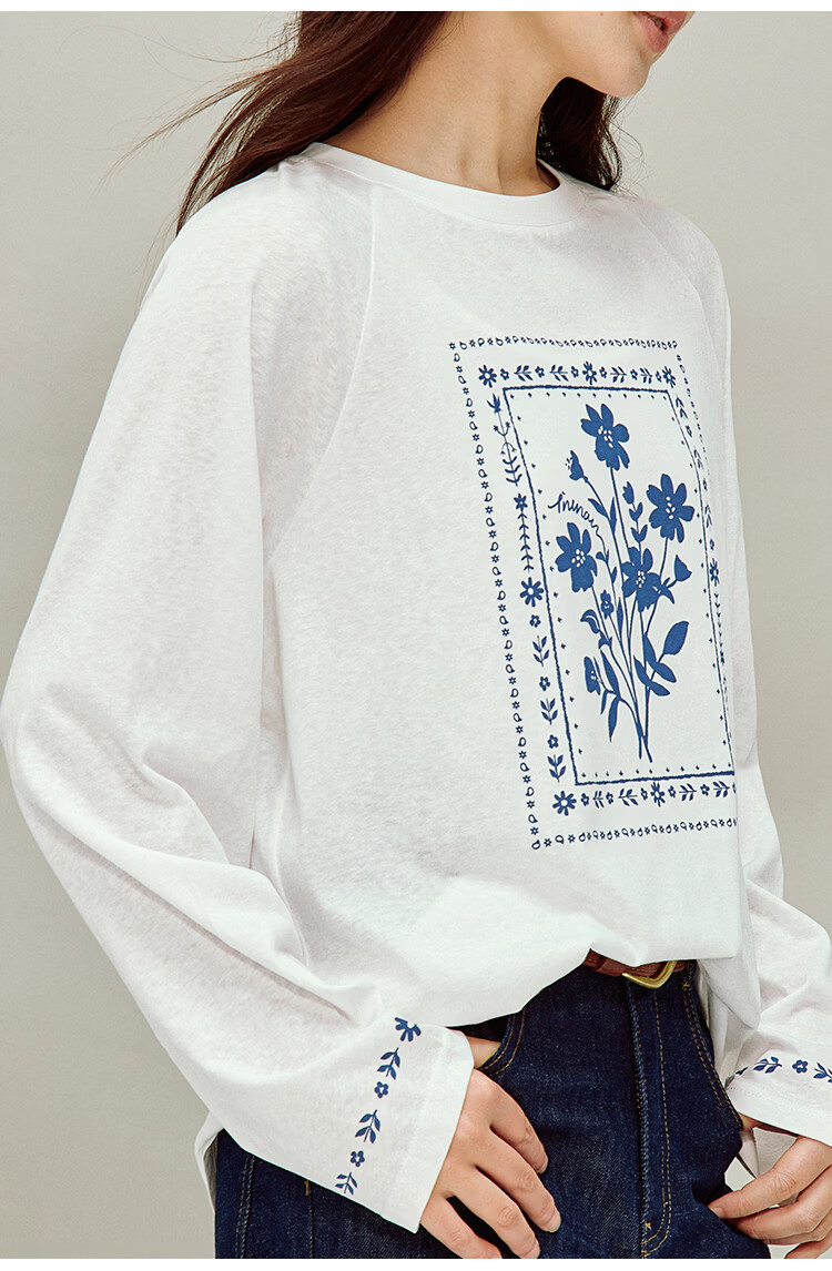 INMAN Linen Blue Printed Simple T-Shirt 26 Spring New Women's Cover-up Off-White XL 13