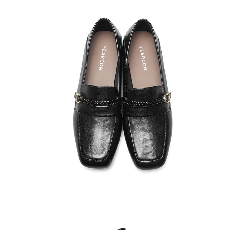 Eierkang Women's Sheepskin Comfortable Mid-Heel Loafers Retro Square Toe Commuter Leather Shoes Black 35 26606W 8