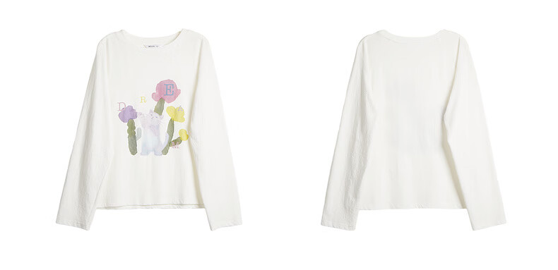 Olrain Casual Fun Cat Print Loose Long Sleeve T-Shirt Women Spring New Round Neck Top White S 5