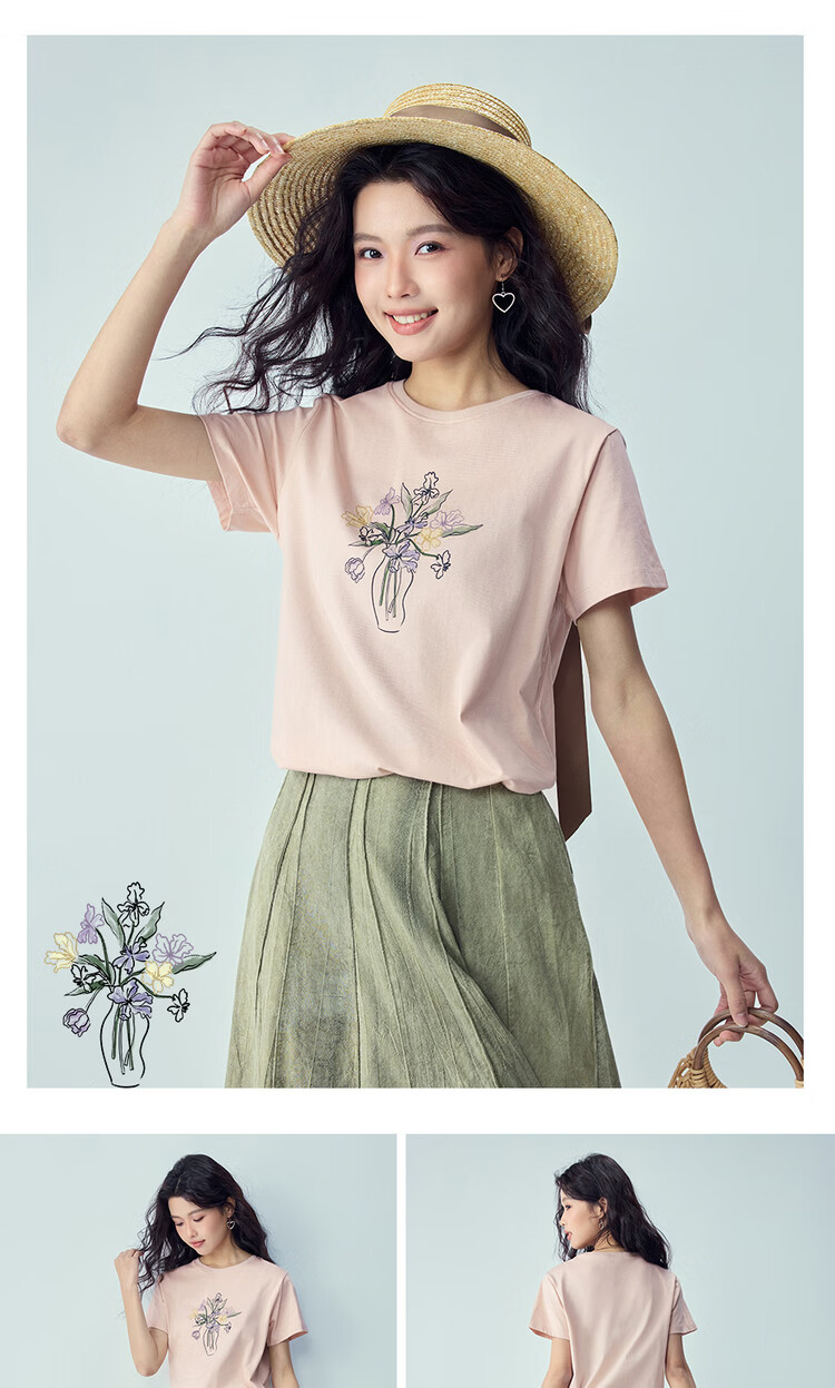 Giordano Women's Short Sleeve T-Shirt New Pure Cotton Romantic Floral Print Crew Neck Casual Top 05396386 15