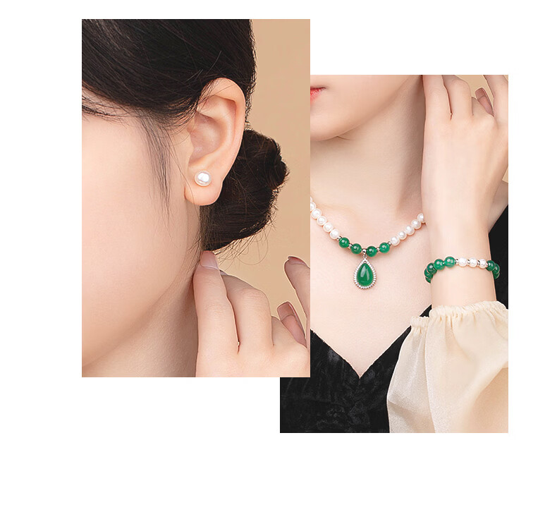 Lao Feng Xiang Pearl Necklace and Bracelet Set with Chalcedony Silver Pendant for Women Elderly Birthday Anniversary Gift for Wife and Mom 4