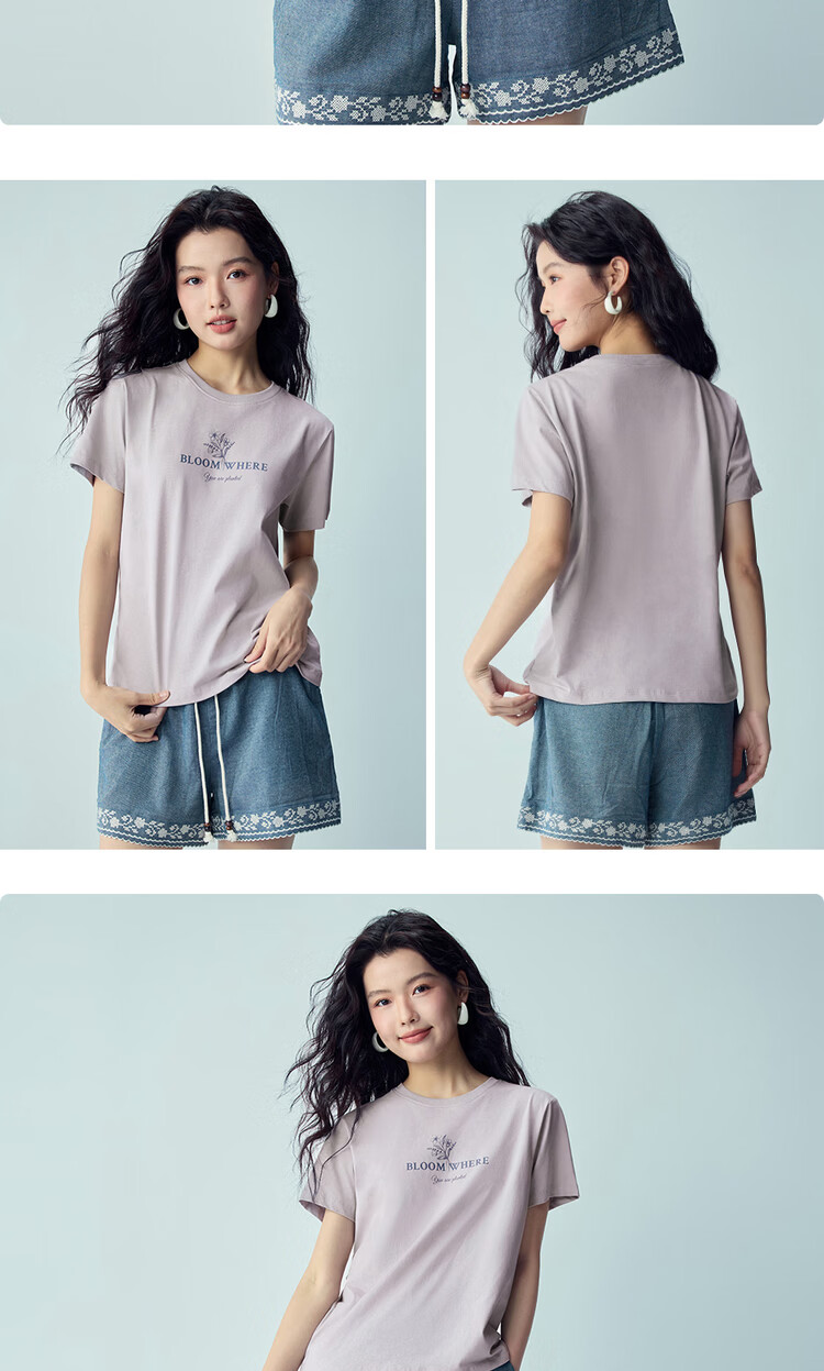 Giordano Women's Short Sleeve T-Shirt 2026 Summer Pure Cotton Floral Country Style Printed Crew Neck Top 13326302 14