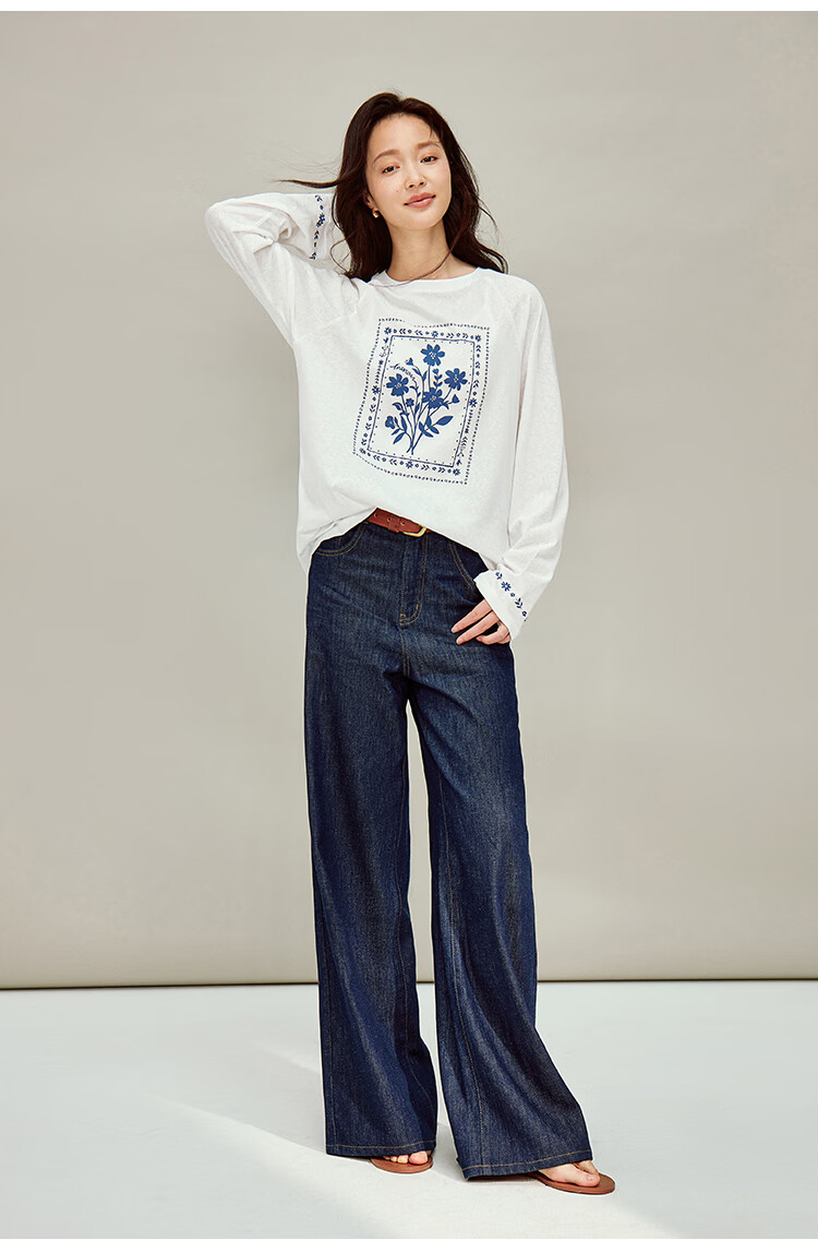 INMAN Linen Blue Printed Simple T-Shirt 26 Spring New Women's Cover-up Off-White XL 14