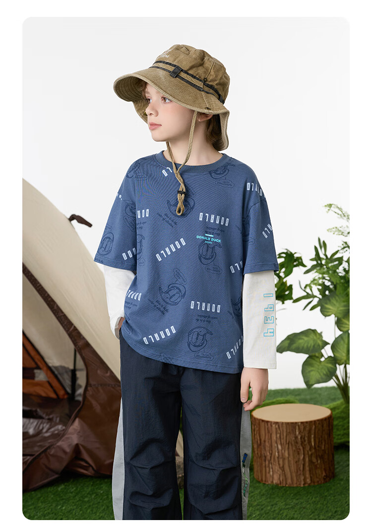 Disney Kids Boys and Girls Long Sleeve Faux Two-Piece Spring T-Shirt 2026 New Children's Cotton Base Layer Sweatshirt Trendy Cool 14