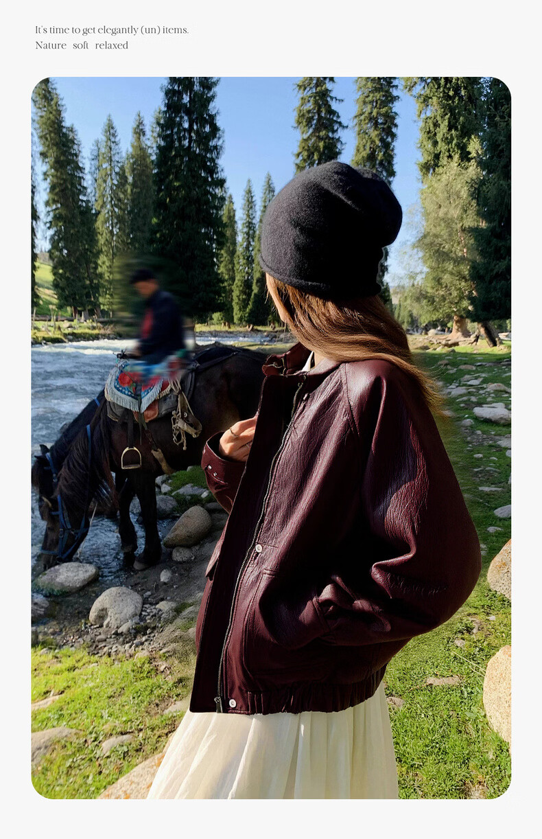Olrain Eurier Vintage Stand Collar Leather Short Jacket Women's Spring New Loose Fit Burgundy S 7