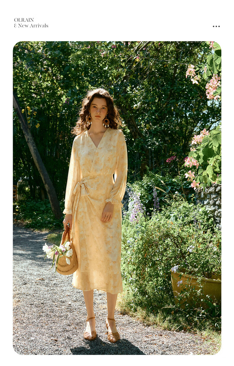 Olrain Oureier Vacation Style V-Neck Tie-Dye Floral Long Sleeve Dress Women Spring New Elegant Long Dress Colorful S 6