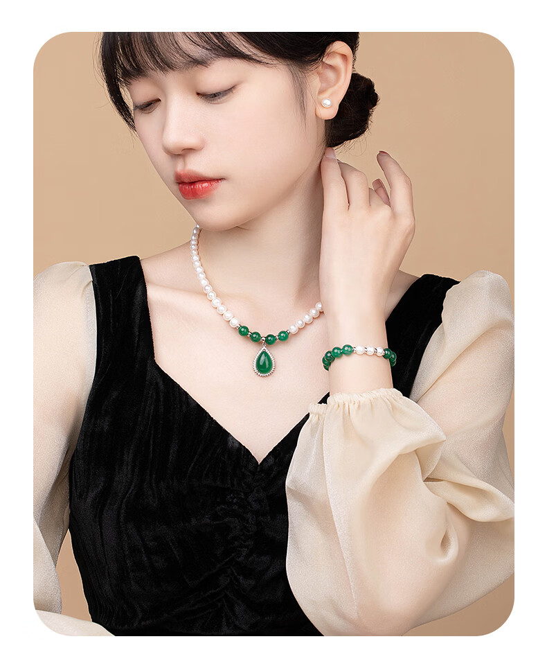 Lao Feng Xiang Pearl Necklace and Bracelet Set with Chalcedony Silver Pendant for Women Elderly Birthday Anniversary Gift for Wife and Mom 11