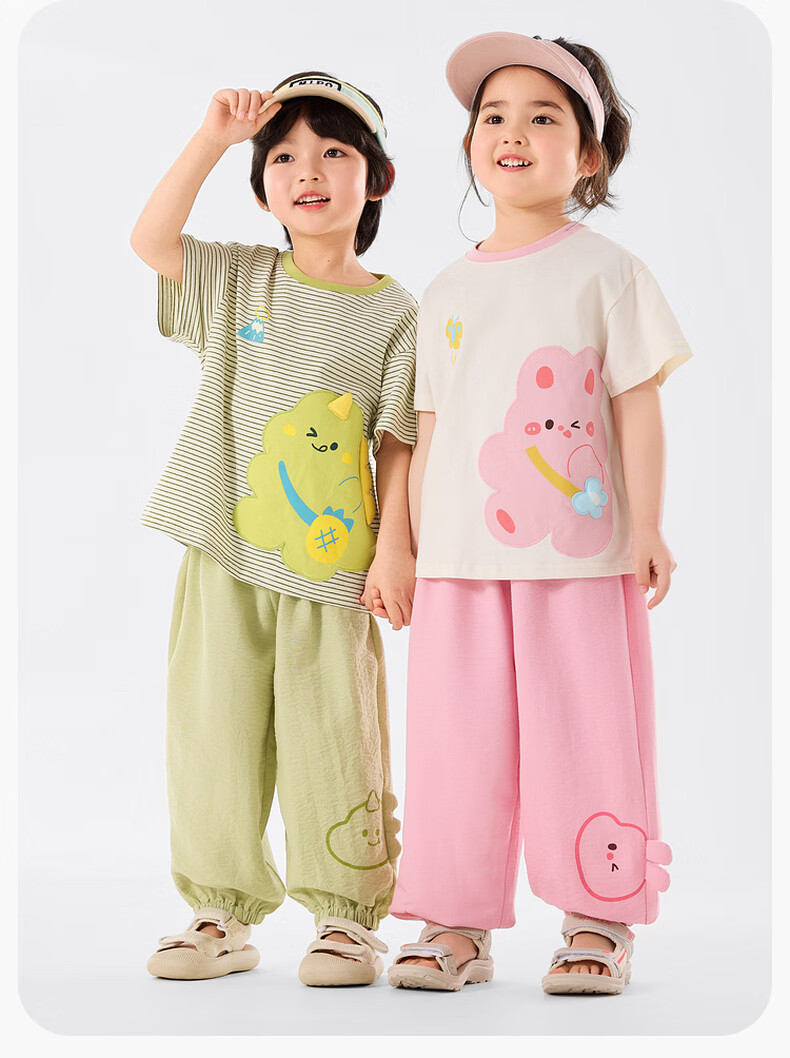 Dudu Kids Cartoon Summer Set Baby Skin-Friendly Two-Piece Boys T-Shirt Girls Mosquito-Proof Pants Green Stripes 100 17