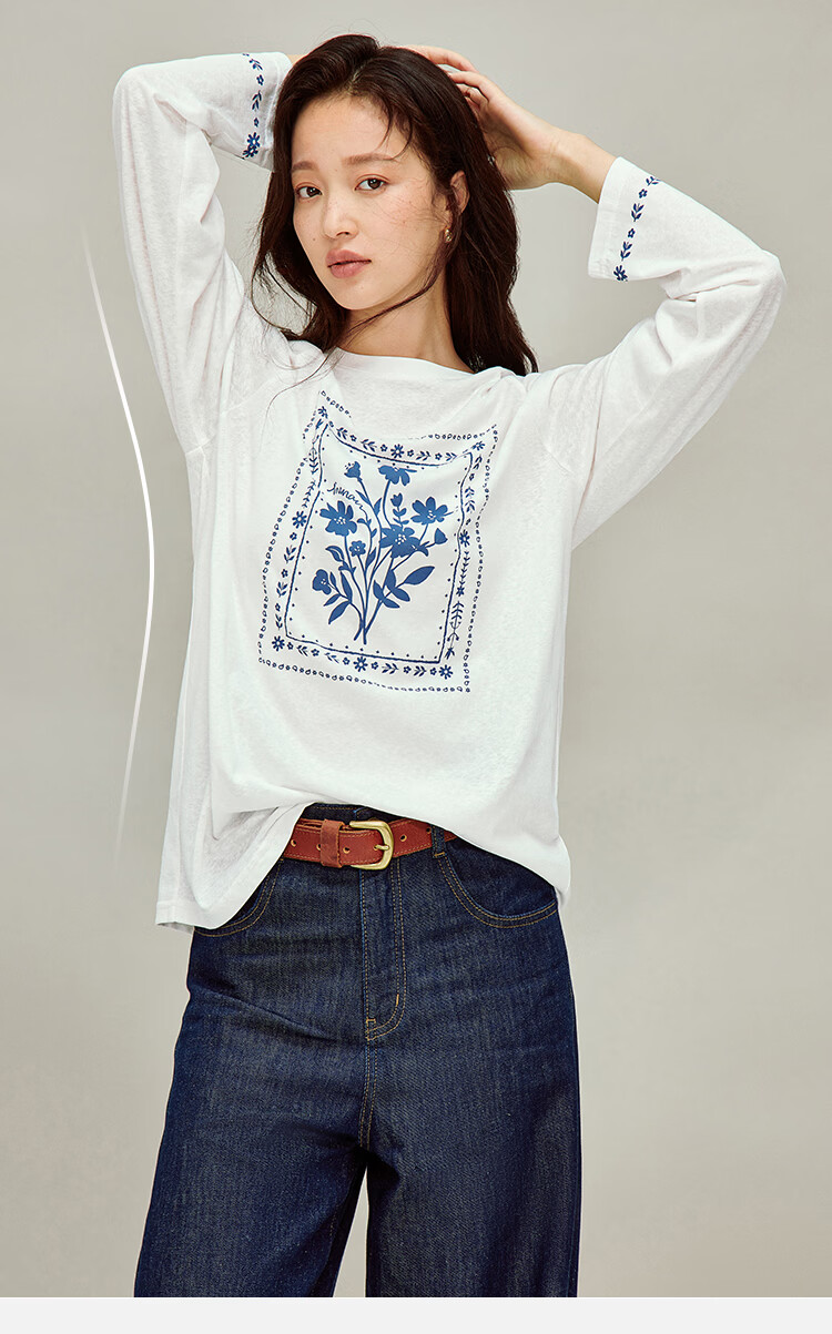 INMAN Linen Blue Printed Simple T-Shirt 26 Spring New Women's Cover-up Off-White XL 4