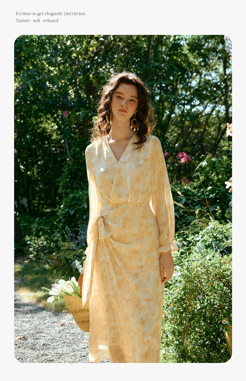 Olrain Oureier Vacation Style V-Neck Tie-Dye Floral Long Sleeve Dress Women Spring New Elegant Long Dress Colorful S 11