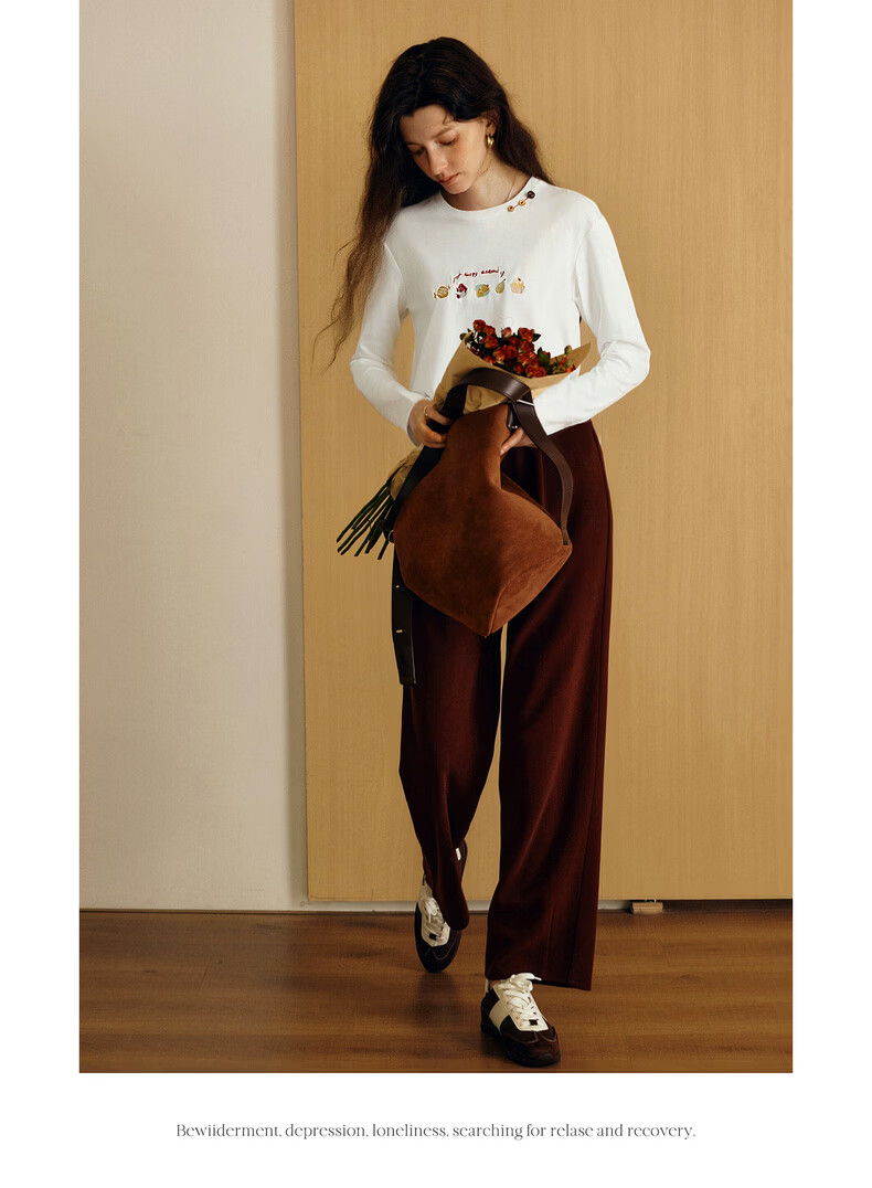 Olrain Eurier Tencel Cotton Simple Elegant Embroidered Loose Long Sleeve T-Shirt Spring Crew Neck Top for Women Beige XL 16