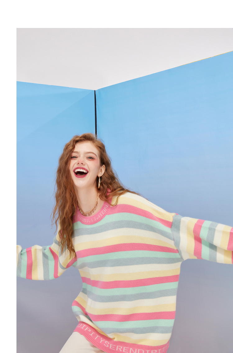 【新款】妖精的口袋软奶风彩虹条纹针织毛衣女2021秋季慵懒风上衣 粉