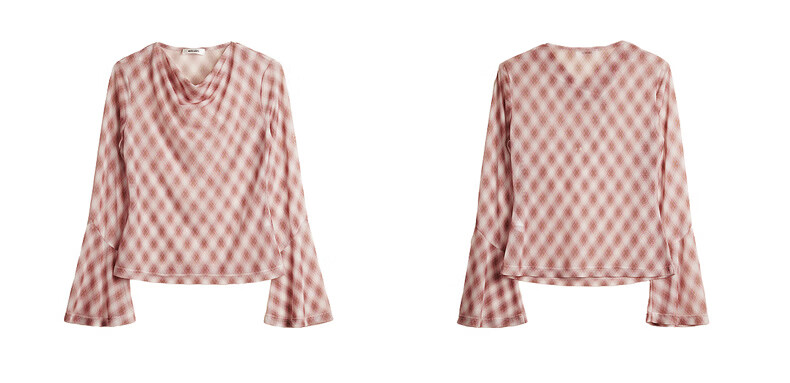 Olrain Vintage Elegant Rhombus Pattern Small Lapel Long Sleeve T-Shirt Women Spring Flared Sleeve Top Pink XL 6