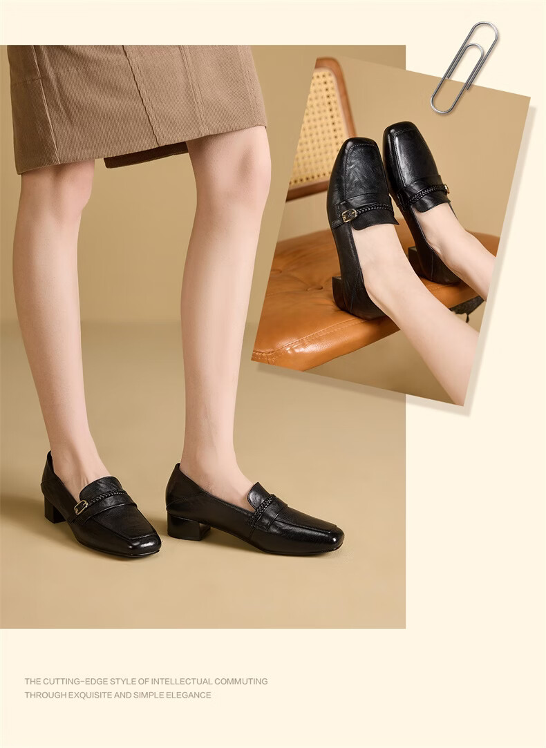 Eierkang Women's Sheepskin Comfortable Mid-Heel Loafers Retro Square Toe Commuter Leather Shoes Black 35 26606W 6
