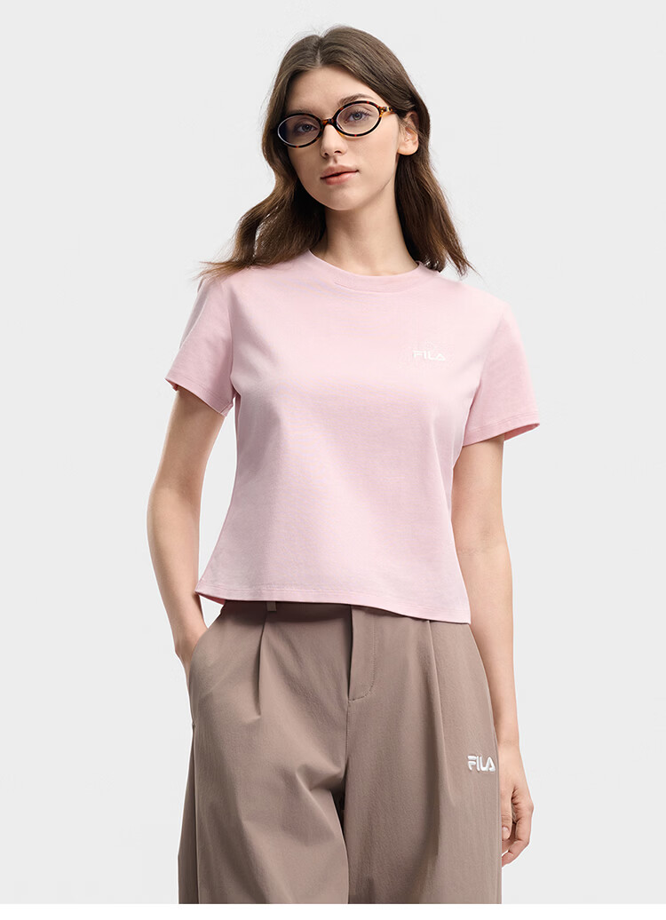 FILA Official Women's Knitted Short Sleeve Shirt 2026 Summer Casual Slim Fit Cool Cotton Cropped T-Shirt 57