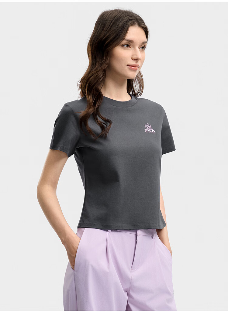 FILA Official Women's Knitted Short Sleeve Shirt 2026 Summer Casual Slim Fit Cool Cotton Cropped T-Shirt 53