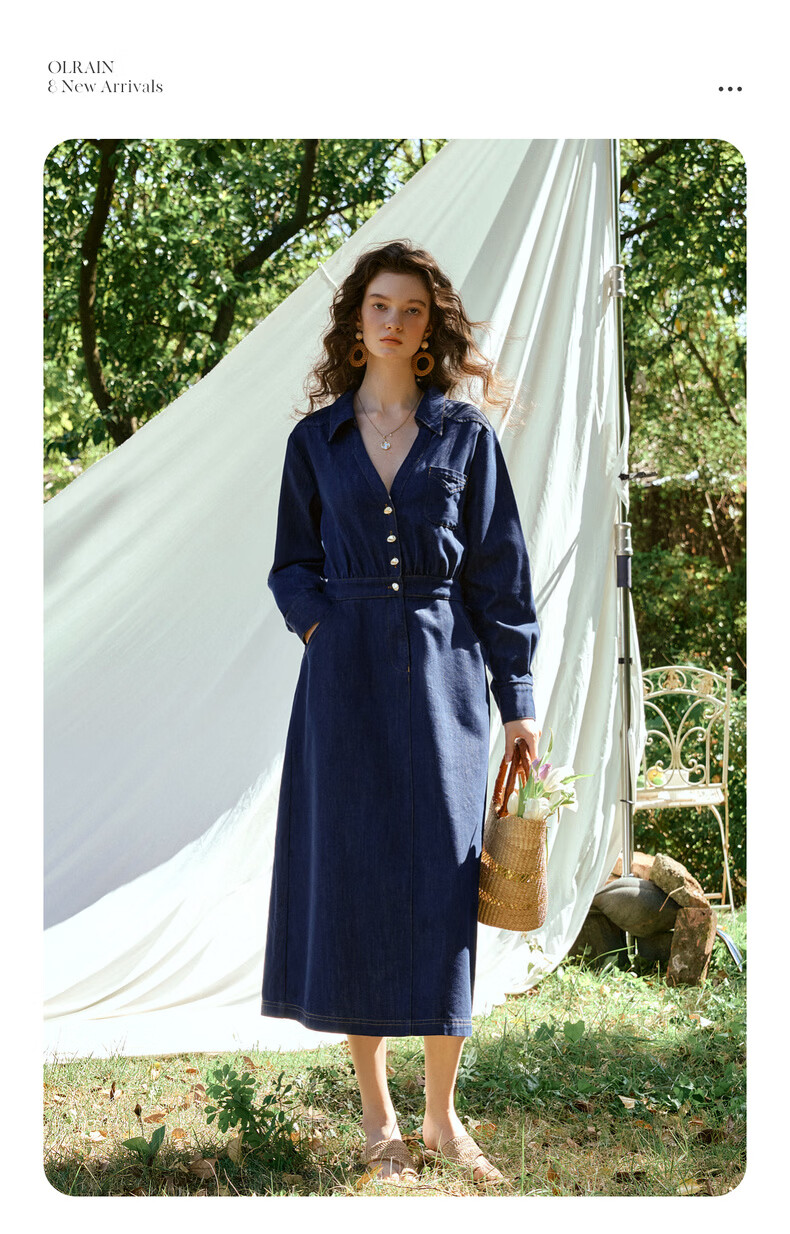 Olrain Vintage V-Neck Waist-Cinched Denim Long Sleeve Dress for Women Spring Shirt-Style Long Dress Denim Blue M 7