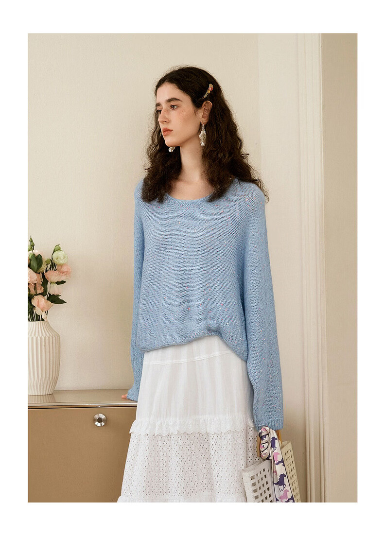 Olrain Eurielle Elegant Off-Shoulder Batwing Sleeve Knit Pullover Sweater Blue M Spring New Arrival 20