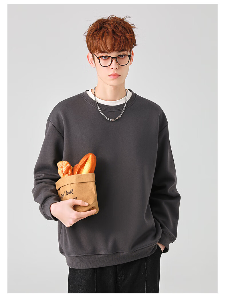 Jeanswest Men's Sweatshirt Spring and Autumn Simple Casual Versatile Pullover Hoodless Crew Neck Loose Long Sleeve Jacket 5