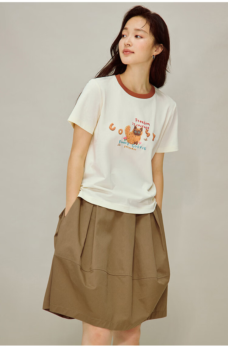INMAN INMAN [Runway Style] Floral Contrast Color Round Neck T-Shirt, Summer Women's Regular Shoulder Short Sleeve Top, Dark Floral Gray, Size S 19
