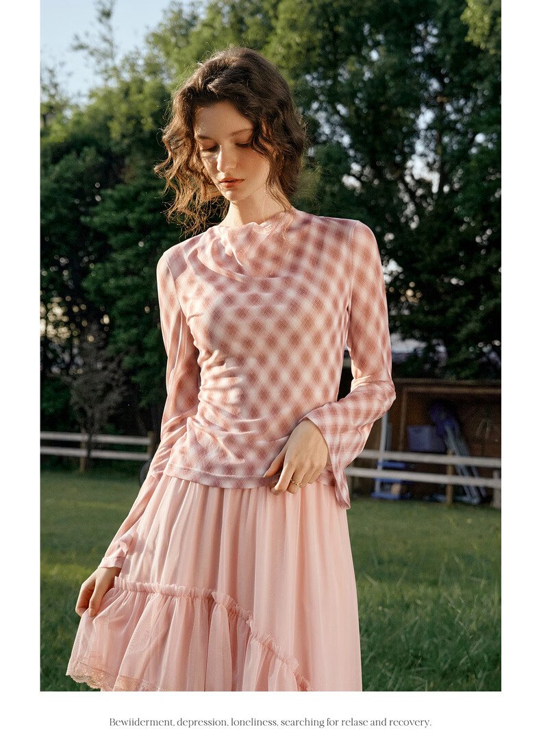 Olrain Vintage Elegant Rhombus Pattern Small Lapel Long Sleeve T-Shirt Women Spring Flared Sleeve Top Pink XL 16