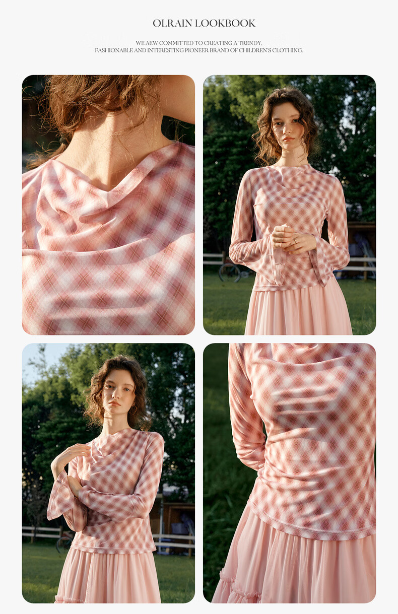 Olrain Vintage Elegant Rhombus Pattern Small Lapel Long Sleeve T-Shirt Women Spring Flared Sleeve Top Pink XL 11