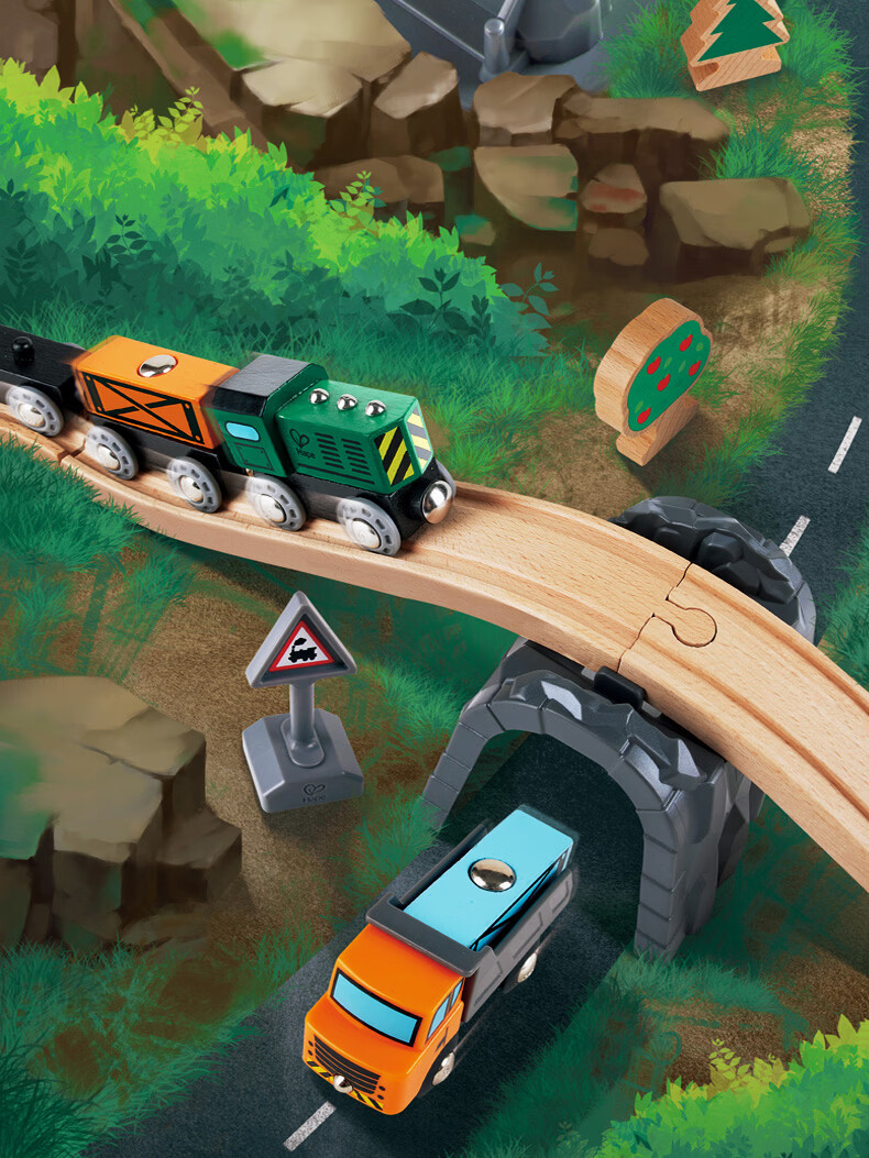 Hape (Germany) Children's Electric Train Track Wooden DIY Building Transportation Hub Storage Set Gift E3773 9
