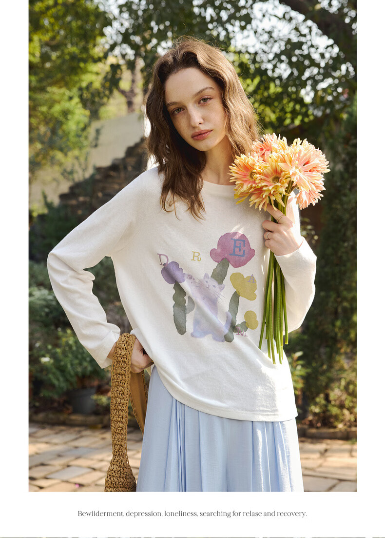 Olrain Casual Fun Cat Print Loose Long Sleeve T-Shirt Women Spring New Round Neck Top White S 14
