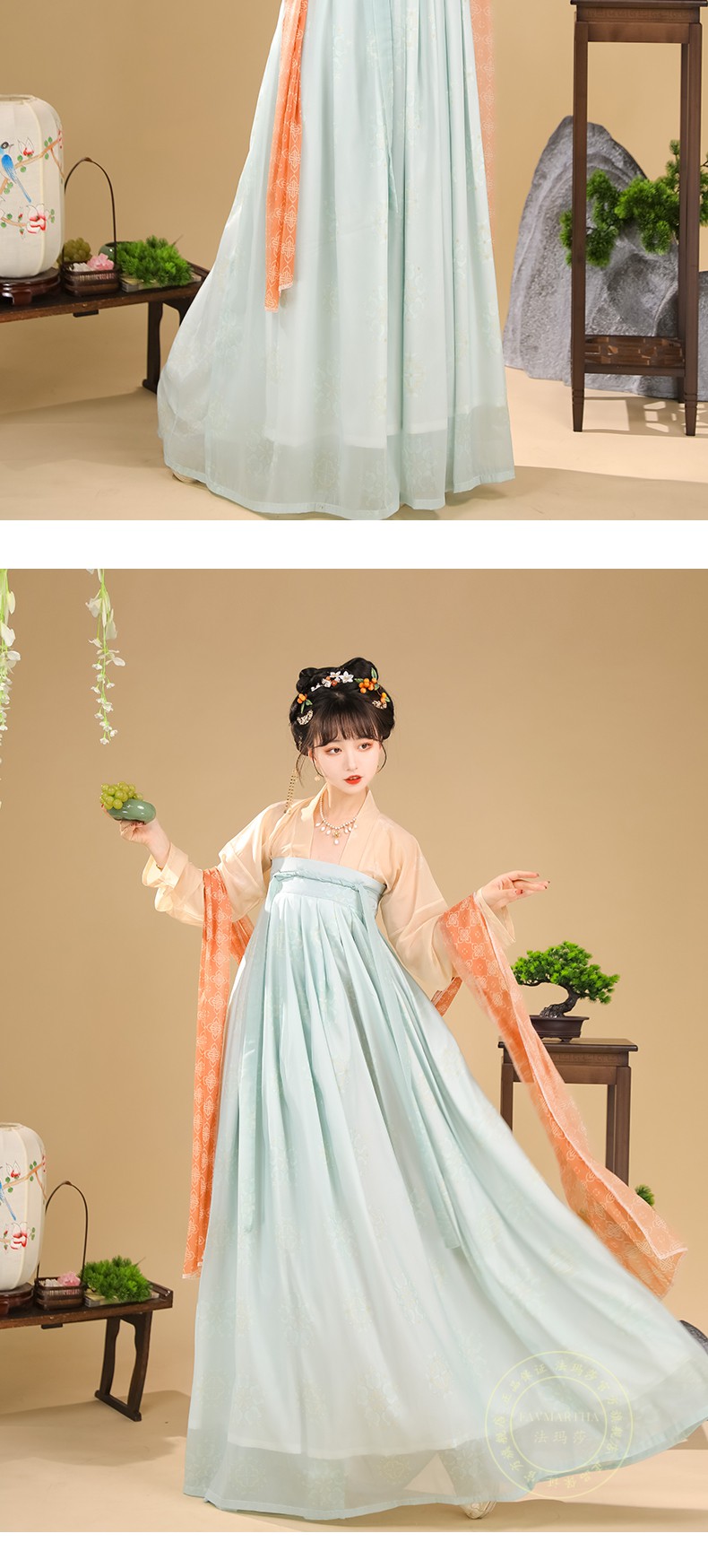 汉服女唐制齐胸唐风一片式襦裙夏季全套 【庭橘】_橙色上杉 雾霾蓝下