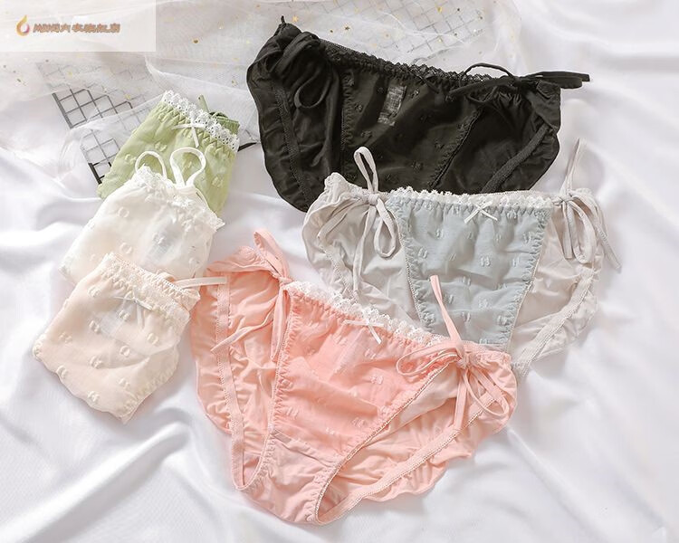系带内裤日系少女可爱冰丝网纱拼接绑带式内裤性感蕾丝边系带纯色低腰