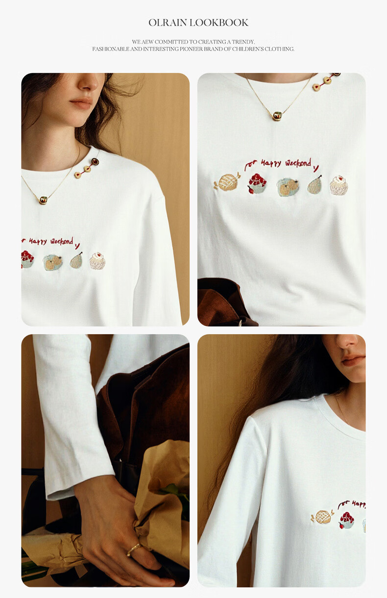 Olrain Eurier Tencel Cotton Simple Elegant Embroidered Loose Long Sleeve T-Shirt Spring Crew Neck Top for Women Beige XL 8