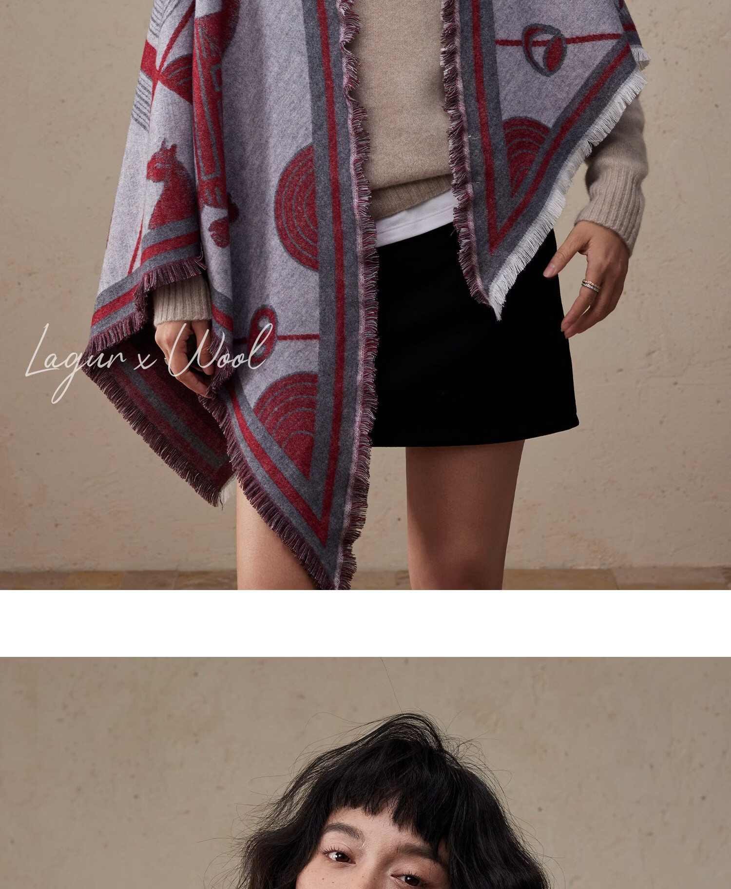 Lagur Minimalist Horse Fine Wool Blend Triangle Scarf Air Conditioning Room Shawl Versatile Women's Neck Warmer Minimalist Beige 33