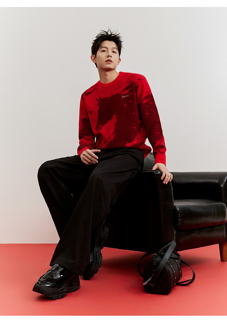 CABBEEN Year of the Horse Auspicious Totem Jacquard Heated Antibacterial Men's Sweater 2026 Spring Soft Wool Blend Long Sleeve Knitwear 27