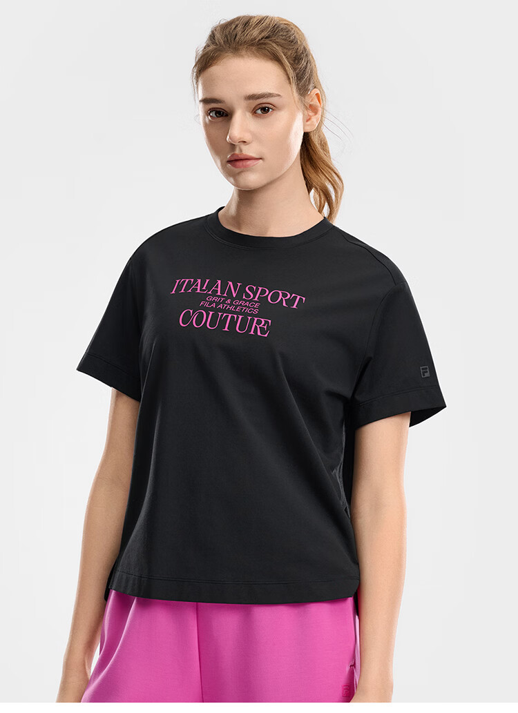 FILA Women's Knitted Short Sleeve T-Shirt 2026 Summer Fitness Sports Colorblock Letter Loose Tee (Sun Qiantong Edition) 13