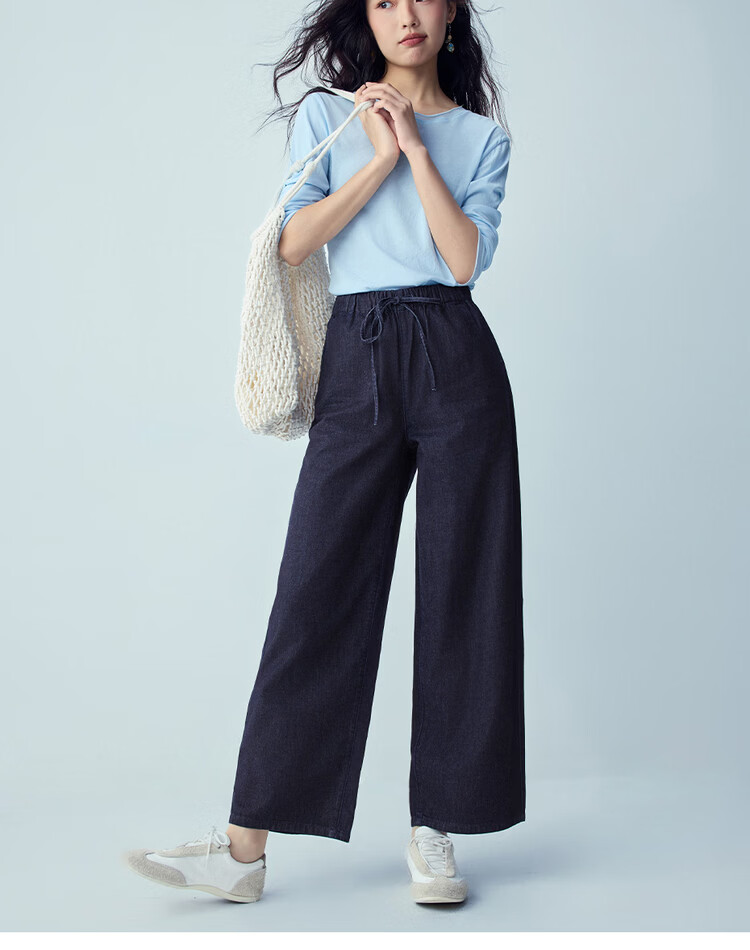 Giordano 2026 Summer New Washed Drawstring Elastic Waist Loose Straight Leg Cropped Jeans for Women 13426334 15