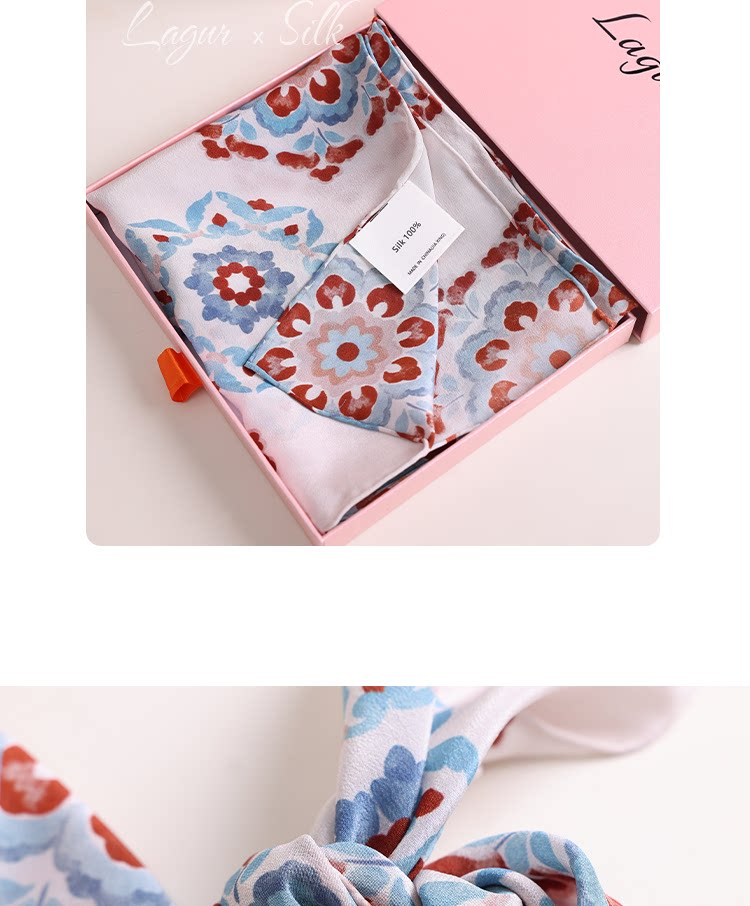 Lagur "Oriental Precious Pattern" Double Crepe 12 Momme 100% Silk Scarf Precious Pattern (Pink Gift Box) 26