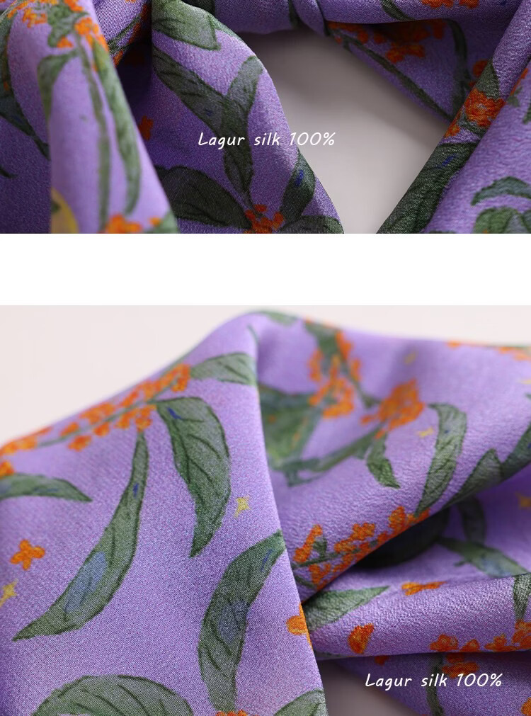 Lagur Original "Night Osmanthus" 100% Mulberry Silk Scarf, Double Crepe Rolled Edge Square Silk Scarf for Women, Refreshing Purple 32