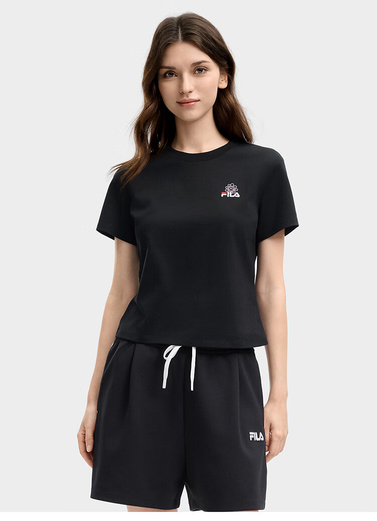FILA Official Women's Knitted Short Sleeve Shirt 2026 Summer Casual Slim Fit Cool Cotton Cropped T-Shirt 45